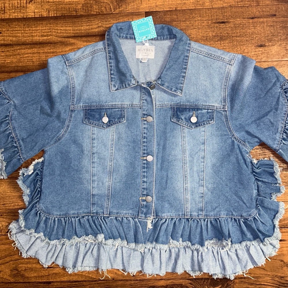 Hayden ~Medium/Large ~ Raw Edges W/ Ruffle Sleeves ~ Blue Denim Boho Jacket ~New - Picture 5 of 9